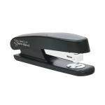 This photo features a sleek black Rapesco Sting Ray half strip stapler. The modern design and compact size make it perfect for any office setting. The chrome-plated metal construction adds durability and style to this essential office tool.