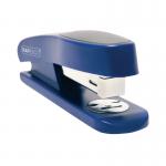 This picture features a vibrant blue Rapesco Sting Ray half strip stapler with the Rapesco logo on the side. The sleek design and sturdy structure of this stapler is evident, as well as the half strip capacity and unique Sting Ray shape. The stapler is in the process of being used, with several staples visible in the stapling section.