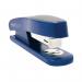 This picture features a vibrant blue Rapesco Sting Ray half strip stapler with the Rapesco logo on the side. The sleek design and sturdy structure of this stapler is evident, as well as the half strip capacity and unique Sting Ray shape. The stapler is in the process of being used, with several staples visible in the stapling section.