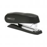 The photograph shows a black Rapesco Heavy Duty Stapler, specifically the Luna Half Strip model. Its sturdy construction is evident, with a robust frame and heavy-duty stapling mechanism. The stapler is half-strip, for lighter use, and features the Rapesco logo prominently on the side.