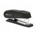 The photograph shows a black Rapesco Heavy Duty Stapler, specifically the Luna Half Strip model. Its sturdy construction is evident, with a robust frame and heavy-duty stapling mechanism. The stapler is half-strip, for lighter use, and features the Rapesco logo prominently on the side.