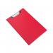 In this picture, you see a bright red Rapesco Foldover Clipboard designed specifically for foolscap size paper. The sturdy clip holds papers securely while the foldover cover protects them from damage. The sleek design makes it ideal for use in any setting.