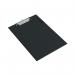 The image shows a black Rapesco Standard Clipboard in the foolscap size. It features the iconic Rapesco clip mechanism at the top, with a sturdy backboard and a smooth, glossy finish. The perfect tool for organizing and holding your important documents in place.