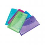 The picture features a pack of 5 Rapesco Popper Wallets and Zip Files in assorted colors. The DL size wallets are perfect for organizing documents and keeping them secure with their popper closure.