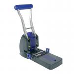 The image shows a heavy duty Rapesco hole punch with an eco-friendly design. It has a silver and black color scheme, with a sturdy handle and base. The punches are clearly visible on the top, and the brand name is prominently displayed on the front.