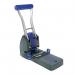 The image shows a heavy duty Rapesco hole punch with an eco-friendly design. It has a silver and black color scheme, with a sturdy handle and base. The punches are clearly visible on the top, and the brand name is prominently displayed on the front.