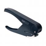The image shows a black Rapesco Sole Single Hole Punch with a capacity of 23 sheets. It has the Rapesco logo and label on the front. The hole punch features a durable and comfortable handle, as well as a clear, plastic tray to catch paper clippings.