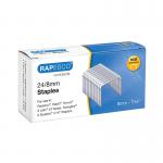 The picture shows a pack of Rapesco 248mm staples, containing 5000 staples. The staples are compact and silver in color, with a sharp tip and ridged body. The pack features the Rapesco logo and product name. The staples are neatly arranged and ready to be used in a standard stapler.