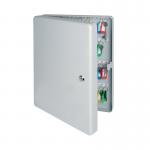 The photograph features a Helix Key Cabinet with a standard key capacity of 100 keys. Its sleek design and sturdy construction can be seen, with the brand name Helix displayed prominently on the front. The cabinet is in a neutral color, making it suitable for any office or storage space.