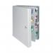 The picture shows multiple rows of key hooks inside a Helix Key Cabinet with a capacity of 200 keys. The cabinet is made of metal and has a standard size and design. The door has a secure lock and the cabinet is mounted on a wall.