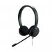 The picture shows a black Jabra Evolve 20 headset with a USB-C cord, designed for use with Microsoft Teams. The headset features a stereo design and is labeled as the JAB02383 model.