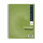 The photograph shows a set of three Cambridge Recycled Ruled Wirebound Notebooks with 200 pages each, in A4+ size. The notebooks have a wire binding and are made from recycled materials. The covers are green and have the Cambridge logo on them. The pages are lined and perfect for note-taking or writing.