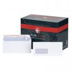 In the photo, you can see a pack of 500 white Plus Fabric DL envelopes. They feature a convenient peel and seal closure and a window for easy address placement. Made with durable 120gsm white paper, these envelopes are perfect for professional or personal use.