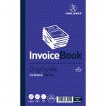 The image shows a pack of five Challenge Duplicate & Triplicate Challenge Duplicate Invoice Single VAT Column Books. Each book contains 100 sets, and measures 210x130mm. The design features a clean and professional single VAT column layout.