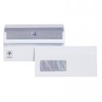 The picture shows a stack of Plus Fabric DL envelopes. These white envelopes have a weight of 120gsm and a self-seal closure. Each envelope features a window and is designed to fit a DL sized document. The pack contains 500 envelopes.