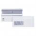 The picture shows a stack of Plus Fabric DL envelopes. These white envelopes have a weight of 120gsm and a self-seal closure. Each envelope features a window and is designed to fit a DL sized document. The pack contains 500 envelopes.