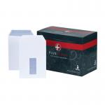 The picture shows a pack of white Plus Fabric C5 envelopes, each with a window and self-sealing closure. Each envelope is made of 120gsm fabric and there are 500 envelopes in the pack. The envelopes are A5 in size.