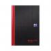 The image shows a pack of five black and red Eco Casebound Notebooks. Each notebook has a hardback cover made of recycled materials and contains 192 ruled pages. The notebooks are A5 in size and have a professional and sleek design.