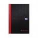 The picture shows a pack of 5 Black n Red casebound hardback notebooks. The A5 notebooks have 192 pages each and are black and red in color. The books are neatly stacked on top of each other, ready to be used for note-taking or journaling. The sleek design and durable binding make these notebooks a perfect addition to any stationary collection.