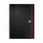 The picture shows a set of five black and red books from the brand Black n Red. They are wirebound and made of polypropylene material, with each notebook containing 140 pages. The size is A4 and the books are neatly organized in a stack. The cover design features a bold black and red color palette.