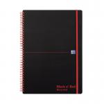 The photograph shows a set of five Black n Red Eco Wirebound Notebooks made from recycled polypropylene. Each notebook has 140 pages and is in A4 size. The wire binding can be seen on the side of the notebooks, with a black and red cover.