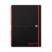 The photograph shows a set of five Black n Red Eco Wirebound Notebooks made from recycled polypropylene. Each notebook has 140 pages and is in A4 size. The wire binding can be seen on the side of the notebooks, with a black and red cover.