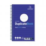 The photograph shows a wirebound duplicate book with a carbonless design and 50 sets of 210x130mm pages. The book comes in a pack of 5 and has the brand name Challenge Duplicate & Triplicate printed on the cover.
