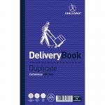The photo is a close-up of a carbonless duplicate delivery book. The book is 210x130mm in size and contains 100 sets. The cover is made of a sturdy material and the pages inside are neatly organized with section headings. The book also features triplicate challenge pages, making it perfect for tracking and documenting orders and deliveries.