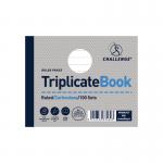 This image shows a pack of 5 Challenge Duplicate & Triplicate Ruled Carbonless Triplicate Books, each containing 100 Sets and measuring 105x130mm. The books are neatly stacked and have distinctive yellow covers with the brand logo.