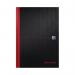 This picture shows a Black n Red casebound ruled hardback notebook in A4 size. The dark black cover contrasts with the vibrant red spine and corners. The pages inside are evenly ruled, providing a neat and professional appearance. This notebook is perfect for taking notes or jotting down ideas.