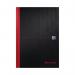 This image features a pack of five Black n Red hardback notebooks in A4 size. Each notebook has a sleek black and red cover and is casebound. The pages are narrow ruled for neat writing and the notebooks have a professional, sophisticated look.