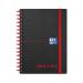 The image shows a pack of five Black n Red wirebound notebooks, each with a bright red polypropylene cover and black pages. The compact A6 size and 140 ruled pages make them perfect for writing on the go.