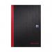 On a plain black background lies a set of five Black n Red hardback notebooks. Each one is crisp and clean, with the brand name embossed in silver on the cover. The edges of the pages are neatly squared off, ready to be filled with ideas, notes, and memories.