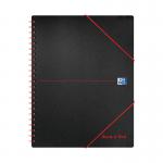 This photograph captures a pack of 5 Black n Red wirebound polypropylene meeting books. Each book contains 160 pages and is A4+ in size. The covers are bold black and red, and the books are neatly organized on a surface.