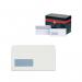 The image shows a stack of white Plus Fabric DL envelopes with a window and self-seal closure. Made of 120gsm paper, these envelopes are durable and professional-looking. The pack contains 500 envelopes.