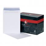The photo shows a pack of 250 white Plus Fabric C4 envelopes, with a pocket and self seal feature. The envelopes are made of 120gsm paper and are designed to fit A4 sheets. The packaging has a label with the brands name and logo on it. The envelopes appear clean and professional, with a smooth texture and sturdy construction.