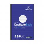 The picture shows a pack of 3 challenge duplicate and triplicate books, each containing 100 sets. The books have ruled carbonless pages for easy writing, and measure 297x195mm. Perfect for keeping track of duplicates and triplicates with neat, organized writing.