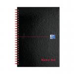 The photograph captures a set of Black n Red wirebound notebooks in A5 size. The notebooks have a hardback cover and are ruled with perforated pages for easy tearing. The deep red and black color scheme exudes a professional and timeless elegance.