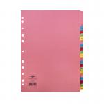 The photo shows a set of Concord 20-part A-Z reinforced subject dividers in the size A4. The dividers are assorted in color and feature the Concord logo on the top right corner. Each divider is labeled with a letter of the alphabet and has reinforced holes for durability.
