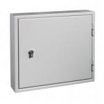 The photo shows a Phoenix key cabinet with gray metal construction and a sleek, modern design. The cabinet has 50 hooks, each capable of holding a single key. The front of the cabinet features a keyhole and a convenient window for labeling keys. The cabinet is securely locked with a key and can be wall-mounted for easy access and organization. The overall appearance is sturdy and professional, making it a great addition to any office or business setting.