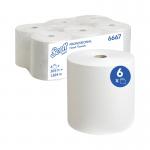 In the picture, there are six rolls of Scott® 1-ply ultra hand towel rolls, each with a length of 304m. The packaging is branded with the Scott logo and the product appears to be made of white paper. The rolls are stacked neatly next to each other, ready to be used for hand drying.