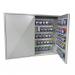 In the photograph, a sleek and sturdy Phoenix Key Cabinet KC0503M is shown with 50 hooks for storing keys. The cabinet has a glossy finish and is secured with a lock. The hooks are neatly arranged and labeled for easy organization. The cabinet is mounted on a wall, adding to its compact design.