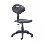 This image features two sleek and modern black draughtsman chairs from VOW, specifically made for the Jemini factory. Each chair measures 570x280x610mm and is made of durable polyurethane material. The chairs have a professional and industrial look, perfect for any workspace.