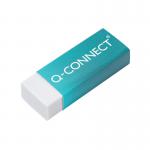 The picture shows a pack of 20 Q-Connect plastic erasers in white. Each eraser has a pencil-like shape and is neatly packaged. The erasers are smooth and compact, perfect for erasing mistakes without leaving any residue.