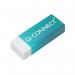 The picture shows a pack of 20 Q-Connect plastic erasers in white. Each eraser has a pencil-like shape and is neatly packaged. The erasers are smooth and compact, perfect for erasing mistakes without leaving any residue.