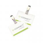 The image shows a pack of 25 Q-Connect Hot Laminating ID Badges, featuring a clip for easy attachment. The badges have the Q-Connect logo and are professional-looking, perfect for identifying individuals in a workplace or event setting.
