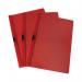 The photo depicts a stack of vibrant red clip files from Q-Connect, specifically the Quickclip File type with a 3mm capacity and A4 size. There are 25 files in the pack, neatly stacked together. The files have a sleek and professional appearance, with a smooth texture and secure clip mechanism. The Q-Connect logo is visible on the side of each file.