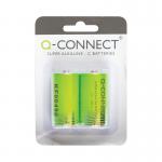 In the photo, two cylindrical C batteries from the brand Q-Connect are shown side by side. The packaging is clean and professional, with the brand logo prominently displayed. The batteries appear to be in good condition and ready for use.