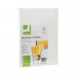 The image shows a pack of 100 Q-Connect A4 White Leathergrain Comb Binder Covers. The covers have a luxurious leathergrain texture and are perfect for binding important documents.