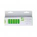 The photograph shows a pack of 12 Q-Connect AA alkaline batteries. The batteries are neatly stacked in rows, with the brand name and battery size clearly labeled on the packaging. The batteries have a white and green color scheme, giving off a clean and modern look.